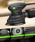 Detail Sander 1.7A 15000 OPM Compact Electric Sander With Handy Dust Bag shown on a wooden surface with product features