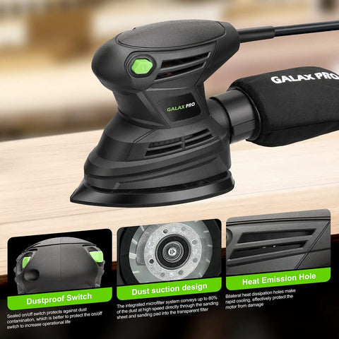 Detail Sander 1.7A 15000 OPM Compact Electric Sander With Handy Dust Bag shown on a wooden surface with product features