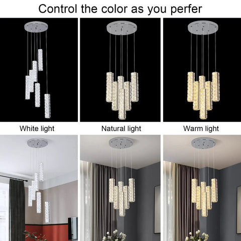 Dimmable Modern LED Crystal Pendant Lights Fixture showing white, natural, and warm light settings over dining tables.