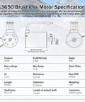 Specifications for K3650 Brushless Motor 2300KV with technical details and dimensions shown.