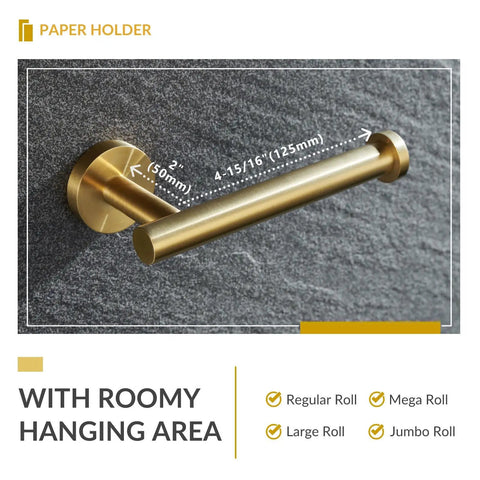 Brushed Dark Gold Stainless Steel Toilet Paper Holder With Round Arm Design, SUS304 Wall Mount TP Hanger for Regular and Large Rolls