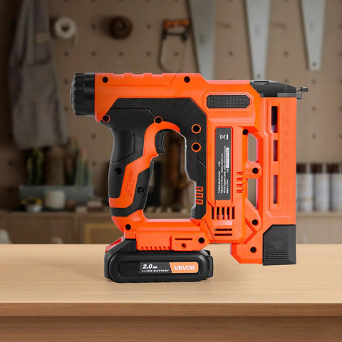 Real Deal Power Tool For Weekend Warriors Knocking Out Home Builds This Cordless 2 In 1 Brad Nailer And Staple Gun side view on a wooden surface.