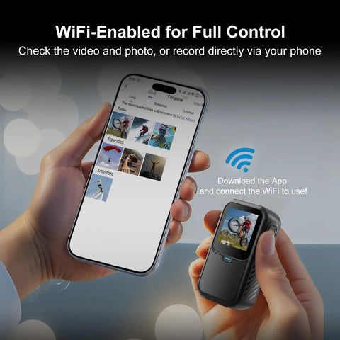 Person holding smartphone and 4K Mini Action Camera With EIS Stabilization 130 Degree Wide Angle Dual Touchscreen for vlogging.