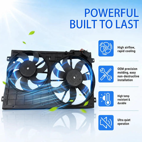 Hella Reliable Slick Original Quality Radiator Cooling Fan Assembly Compatible With 2010 To 2017 Volkswagen Jetta Golf Beetle And Rabbit showing dual fan design.