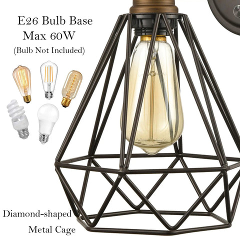 Oil rubbed bronze wall sconce with polygon cage showing E26 bulb compatibility, part of Farmhouse Plug In Wall Sconce Set Of 2.