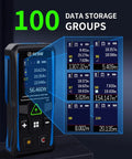 Green Laser Measuring Tool With Handy Angle Sensor 4 Way Rotating Color LCD Vibration Alert Up To 328 Feet Range Auto Screen Rotation For Easy Reading From Any Angle showing 100 data groups