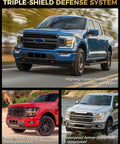 Three Ford F150 trucks showcasing Red Tow Hook Cover Set For Ford F150 2004 To 2025 Ford Bronco 2021 To 2024 And Toyota Tundra 2017 To 2021 Snap On Anti Rust Protection Personalized Design Easy Install Maintains OEM Look And Fit, with emphasis on defense system.