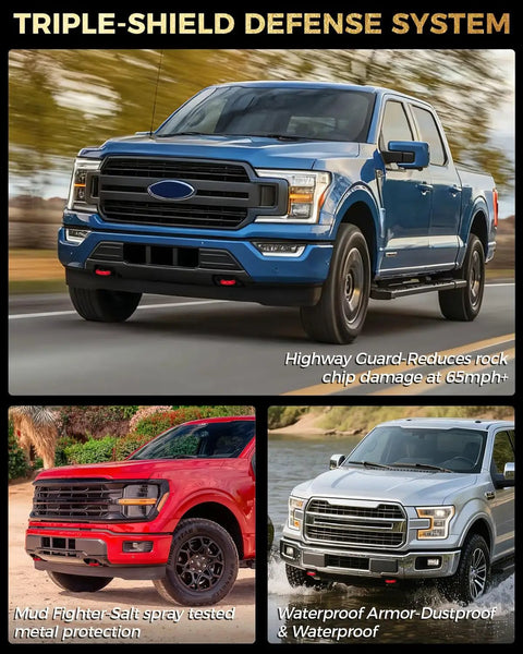Three Ford F150 trucks showcasing Red Tow Hook Cover Set For Ford F150 2004 To 2025 Ford Bronco 2021 To 2024 And Toyota Tundra 2017 To 2021 Snap On Anti Rust Protection Personalized Design Easy Install Maintains OEM Look And Fit, with emphasis on defense system.