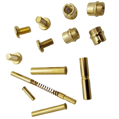 Straight Up Quality Polished Gold Plated 1911 Grip Screws Pins And Bushings Set components for customizing government commander models.