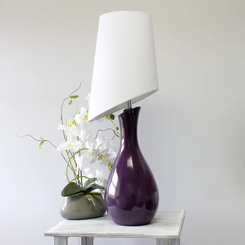 Curved Eggplant Purple Ceramic Table Lamp With Asymmetrical White Shade Tall 29 Inch Accent Light For Living Room Adds Deep Color And Modern Vibe Uses Three Way Bulb
