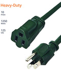 Close-up of Long 100-Foot 3-Prong Indoor Outdoor Extension Cord With Grounded Copper Wire 125 VAC 10 Amps 1250 Watts Heavy Duty Green