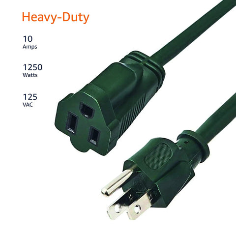 Close-up of Long 100-Foot 3-Prong Indoor Outdoor Extension Cord With Grounded Copper Wire 125 VAC 10 Amps 1250 Watts Heavy Duty Green