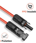 Beefy 15ft Black And Red 10AWG 6mm2 Solar Panel Extension Cable with male and female connectors, PPO insulation, UV protection