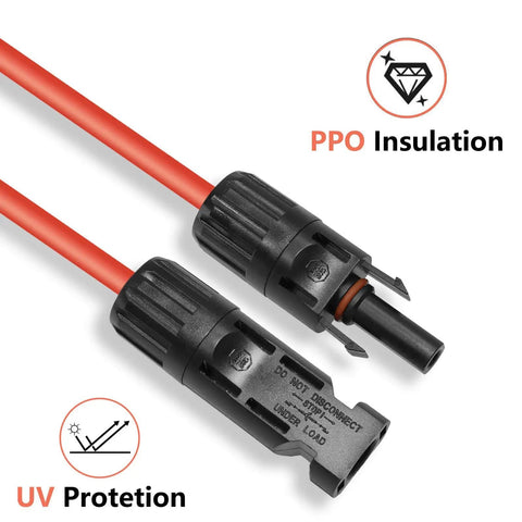 Beefy 15ft Black And Red 10AWG 6mm2 Solar Panel Extension Cable with male and female connectors, PPO insulation, UV protection