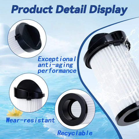 6 Pack HEPA Pre Motor Filter Replacement With Extra Hand Brushes Fits Eye Vac And Neo Vac Touchless Stationary Vacs close-up of filter details.