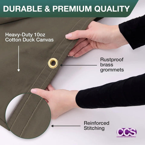 Close-up of hands holding Waterproof Canvas Tarp Cover Heavy Duty Duck Cloth Waxed Tarpaulin with brass grommet, olive drab