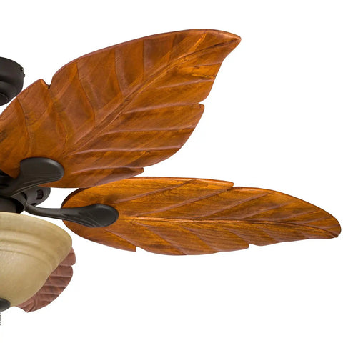 Close-up of hand carved solid wood blades on Sabal Palm 52 Inch Tropical LED Ceiling Fan With Light for living areas.