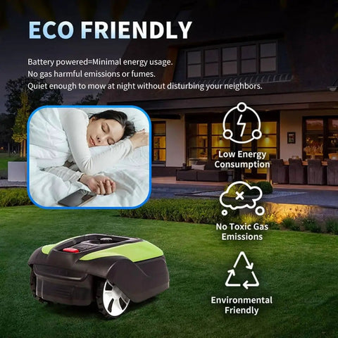 Eco-friendly Smart Robot Lawn Mower With Auto Charging And App Control displayed on a lawn with eco benefits highlighted.