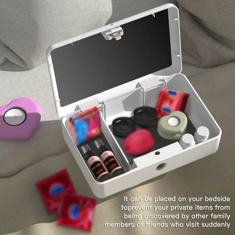 Open Biometric Fingerprint Safe Storage Box With Quick Access, showing compartments with personal items, Lightweight White