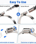 Hose Clamps Set Of Ten Stainless Steel Adjustable Worm Gear Clamps for hoses showing use with screwdriver and wrench.