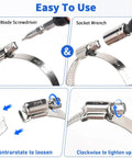3/4-inch stainless steel worm-gear hose clamp, 10-pack, shown with screwdriver and socket wrench to demonstrate loosening and tightening.