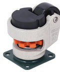 Heavy Duty Leveling Casters With No Sweat Ratcheting Height Adjustment And Ball Bearing Smooth Roll Wheels mounted on a base.