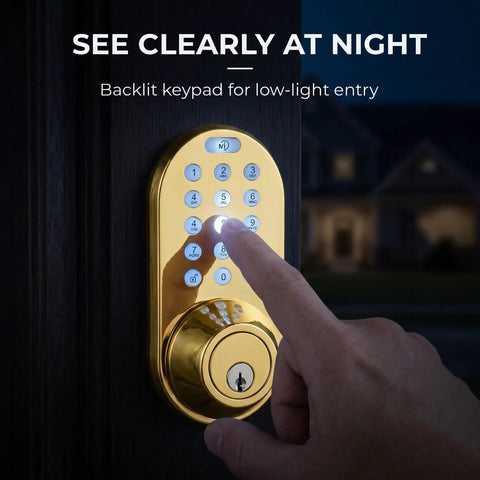 No Sweat Smart Keypad Deadbolt With Top Shelf Polished Brass Finish And One Touch Locking Stores Fifteen Custom Codes Smooth Digital Entry Rock Solid Front Door Security Upgrade