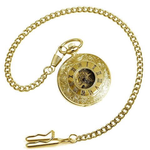 Gold Tone Skeleton Pocket Watch With Chain For Men, Half Hunter Double Cover, Mechanical Self-Winding Timepiece With Roman Numerals, Vintage Style That Feels Old-School Cool In Box