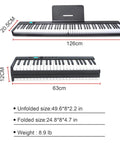Foldable 88 Key Portable Piano Keyboard With 128 Sounds Full Size Semi Weighted Keys USB MIDI Carry Bag dimensions