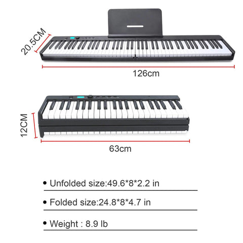 Foldable 88 Key Portable Piano Keyboard With 128 Sounds Full Size Semi Weighted Keys USB MIDI Carry Bag dimensions