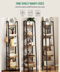 Rustic Brown Ladder Shelf Corner Bookcase Industrial Style Freestanding Multipurpose Display Rack For Books Plants And Cozy Home Setup With Heavy Duty Frame showing three angles of shelf in living space.