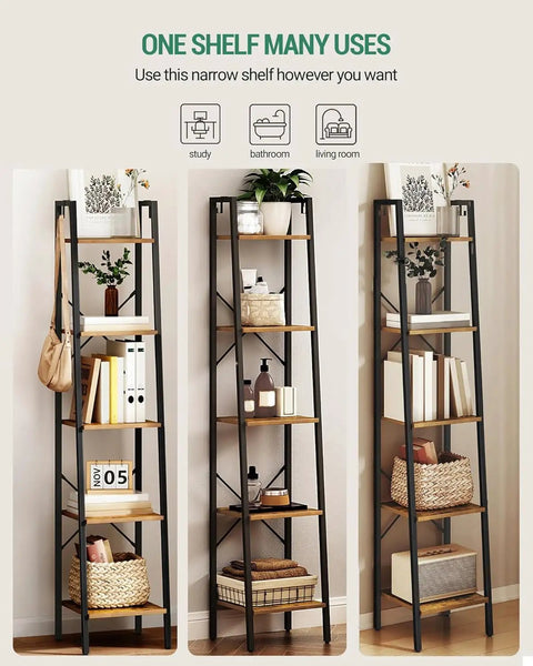 Rustic Brown Ladder Shelf Corner Bookcase Industrial Style Freestanding Multipurpose Display Rack For Books Plants And Cozy Home Setup With Heavy Duty Frame showing three angles of shelf in living space.