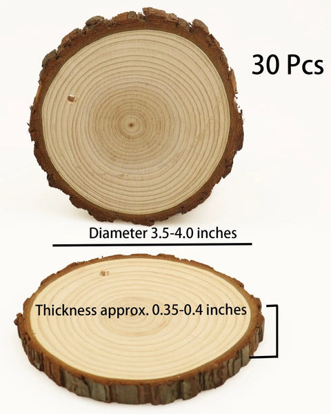 Wood Slices 30 Pcs Predrilled Round Discs 3.5-4 Inches Unfinished Rustic Craft Kit with Bark, two views shown