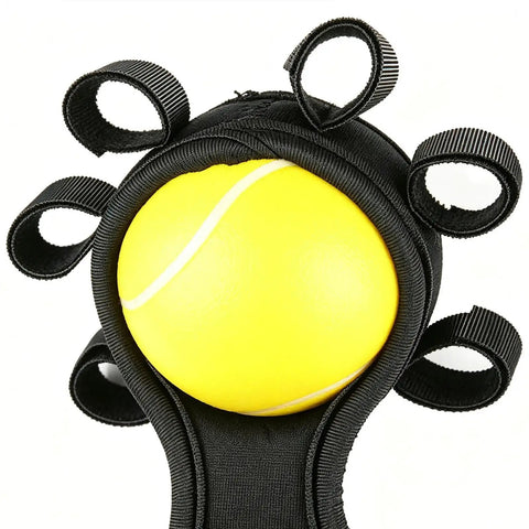 Grip Strength Trainer Ball For Hands And Wrists with yellow PU ball and black six-hole ergonomic strap