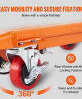 Close-up of Heavy Duty Hydraulic Lift Table Cart With 500 Pound Capacity And 28.5 Inch Max Rise, featuring 360-degree swivel casters and brake.