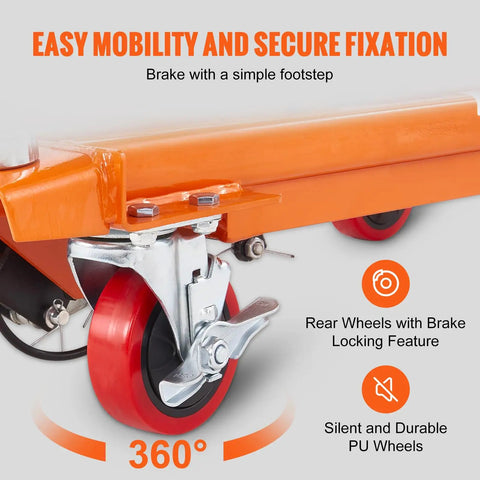 Close-up of Heavy Duty Hydraulic Lift Table Cart With 500 Pound Capacity And 28.5 Inch Max Rise, featuring 360-degree swivel casters and brake.