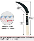 Workhorse Harvest Sickle And Saw Sickle Hand Tool with 5.9-inch SK5 steel serrated blade, dimensions, and wooden handle details