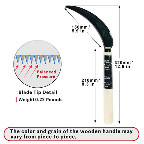 Workhorse Harvest Sickle And Saw Sickle Hand Tool with 5.9-inch SK5 steel serrated blade, dimensions, and wooden handle details