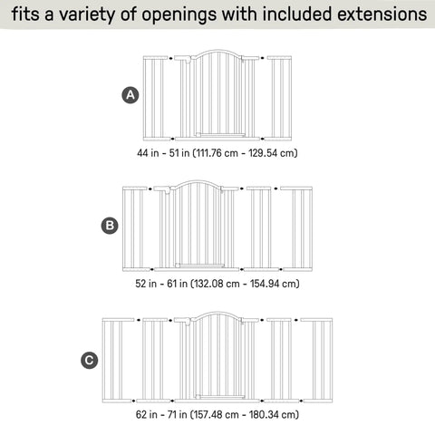 Diagram showing Extra Wide Baby Gate And Dog Gate For Hallways And Large Openings, Fits 44 To 72 Inch Openings, 36 Inch Tall, Hardware Mounted.