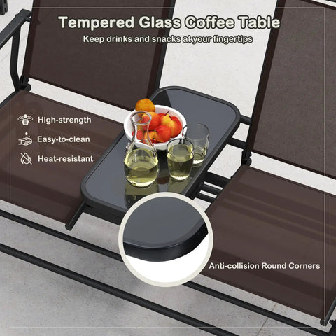 Two Person Cozy Outdoor Swing Glider Chair With Center Tempered Glass Table Patio Rocking Loveseat On Sturdy Steel Frame With Breathable Mesh Cushions For Porch Balcony Or Poolside Brown Finish with close-up of glass table with drinks.