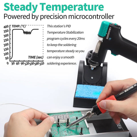 Pro Grade 110W EVO Soldering Station And Desoldering Kit with vacuum pump demonstrating steady temperature feature.