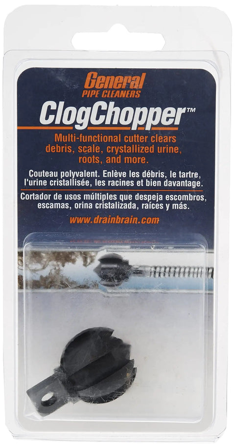Packaging of One And A Half Inch ClogChopper Drain Cleaning Tool For Pipes, showcasing the tool's cutting edges and debris clearing capability.
