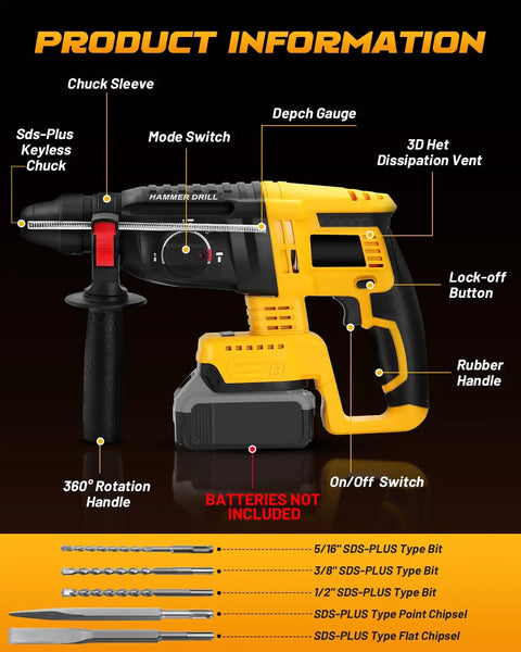 Heavy Lifter Cordless Sds Rotary Hammer Drill Featuring Brushless Motor And Slam Stop Safety Clutch For No Sweat Masonry Tasks Pairs Smoothly With 20V Max Batteries detailed view with depth gauge and chuck.