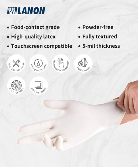 5 Mil Latex Disposable Gloves Food Contact Safe Powder Free Fully Textured Grippy White Large Size being worn