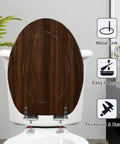 Elongated walnut wood wood grains pictures Toilet Seat with metal hinge, easy to install, thickened design, back view.