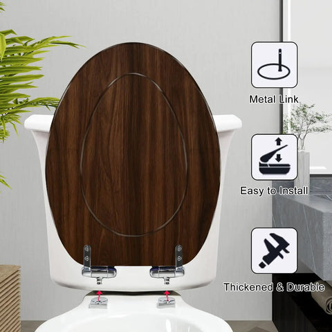 Elongated walnut wood wood grains pictures Toilet Seat with metal hinge, easy to install, thickened design, back view.