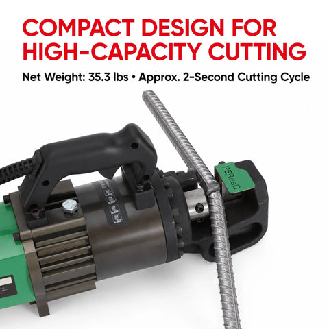 PEResQ 1 Inch Rebar Cutter Electric Hydraulic Steel Bar Shear 4 To 25Mm with handle and rebar in compact design for cutting.