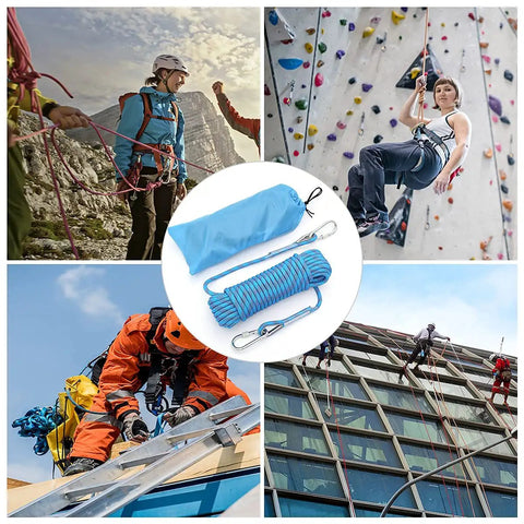 Beefy 12mm Static Climbing Rope With 10m and 20m Lengths, Rugged Polyester Build, CE EN 892 Certified shown in various outdoor uses.