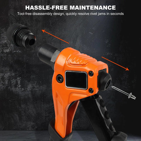 4 In 1 Beefy Rivet Gun Kit For Metal With 200 Blind Rivets showing orange tool, rivet heads, and disassembly feature