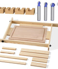 Juice Groove Router Jig With Adjustable Workspace Includes 8 Spacers And Four One Quarter Inch Shank Pro Grade Round Nose Cove Box Router Bits For Cutting Boards Up To 22 By 29 Inches Creates Square Recesses In Light Brown Finish
